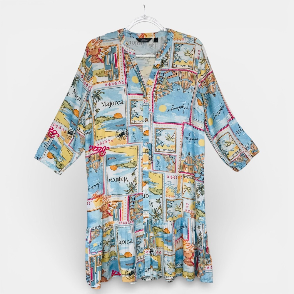 Mlle‎ Gabrielle Postcard Print Dress Womens Large Blue Majorca Rayon Shift Mini